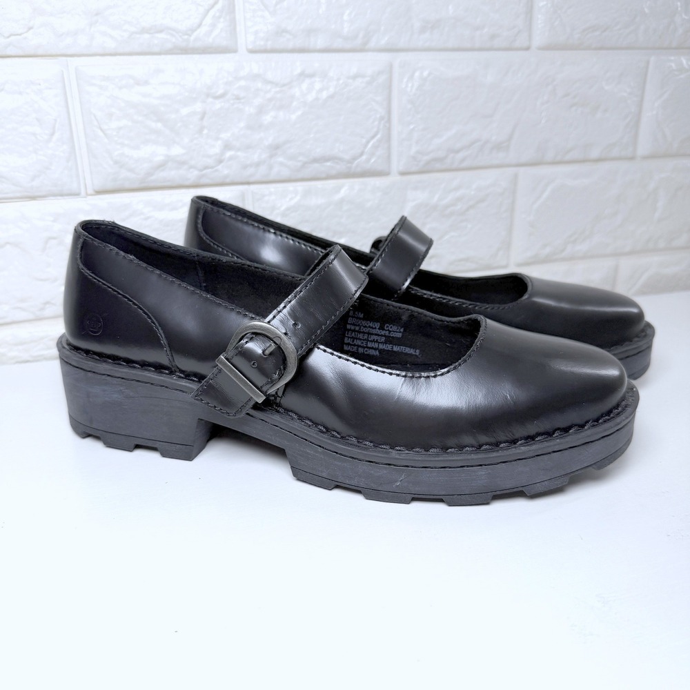 ⁠Born Casandra Black Leather Platform Lug Sole Mary Jane Shoes Womens Size 8.5M⁠